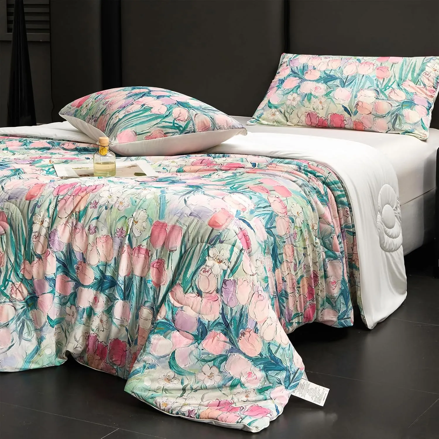 Cyusri Floral Print Cooling Comforter Set 3Pcs Breathable Cool Queen Size Bedding Set with 2 Pillowcases Pink Tulip Pattern Silky Cold Quilt, 90"x90"