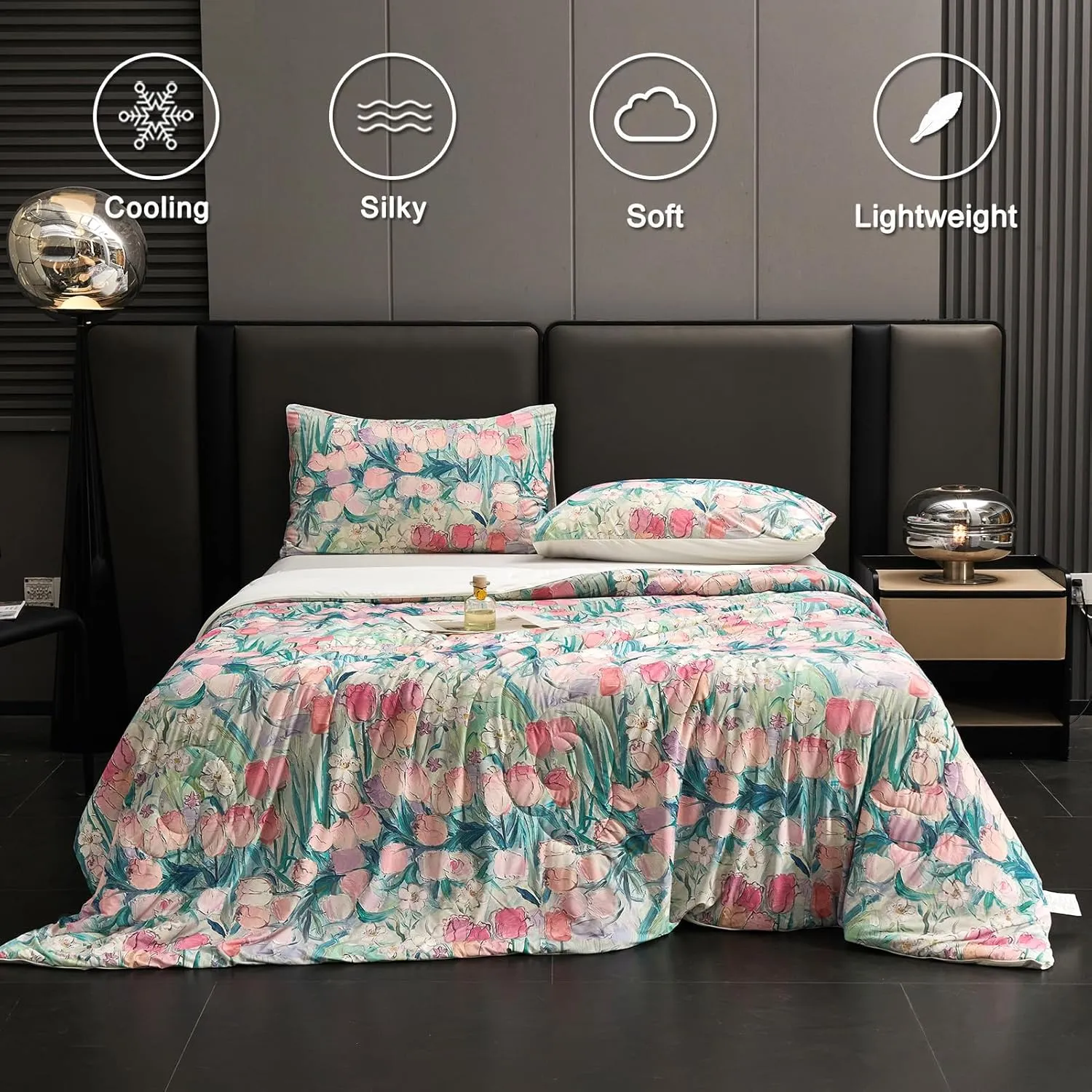 Cyusri Floral Print Cooling Comforter Set 3Pcs Breathable Cool Queen Size Bedding Set with 2 Pillowcases Pink Tulip Pattern Silky Cold Quilt, 90"x90"