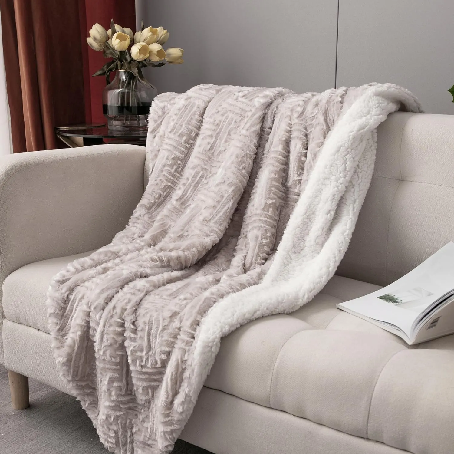DaDa Bedding Lavender Grey Faux Fur Throw Blanket - Dreamy Geometric Embossed Sherpa Backside - Super Soft Warm Cozy Plush Fluffy - 50" x 60"