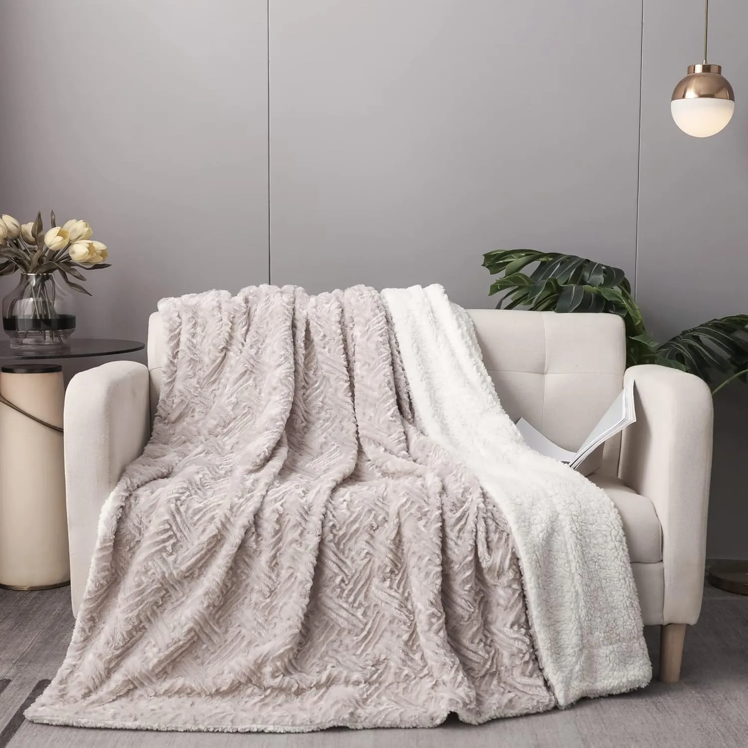 DaDa Bedding Lavender Grey Faux Fur Throw Blanket - Dreamy Geometric Embossed Sherpa Backside - Super Soft Warm Cozy Plush Fluffy - 50" x 60"