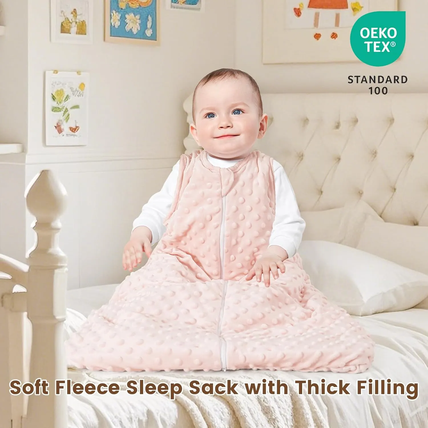 david's kids Fleece Baby Sleep Sack 18-24 Months, 2.5 Tog Minky Winter Baby Wearable Blanket with Plush Dots and 2-Way Zipper, Cotton Inner Lining Sleeping Bag for Girls, X-Large Size, Cloudy Pink