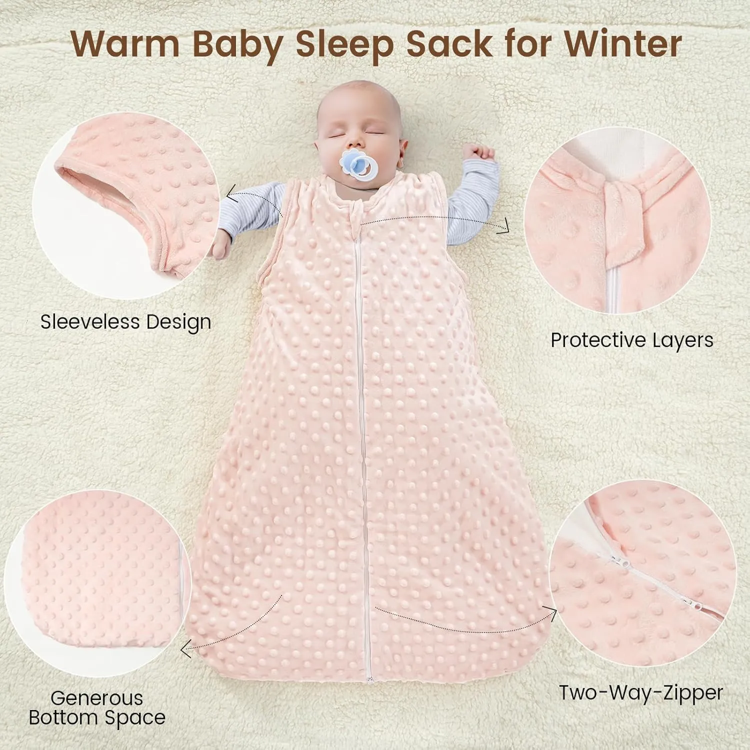 david's kids Fleece Baby Sleep Sack 18-24 Months, 2.5 Tog Minky Winter Baby Wearable Blanket with Plush Dots and 2-Way Zipper, Cotton Inner Lining Sleeping Bag for Girls, X-Large Size, Cloudy Pink