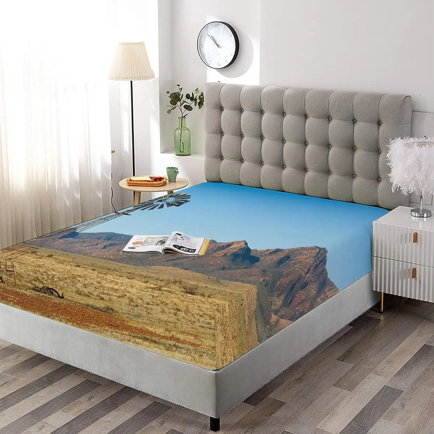 Decorative Fitted Sheet Set Full Size, Windmill Deep Pockets Fitted Sheet & 2 Pillow Sham Set, South Australia Mountains Barren Land Summer Printed Microfiber Bedding 3pc Set, for Women & Men Bedding