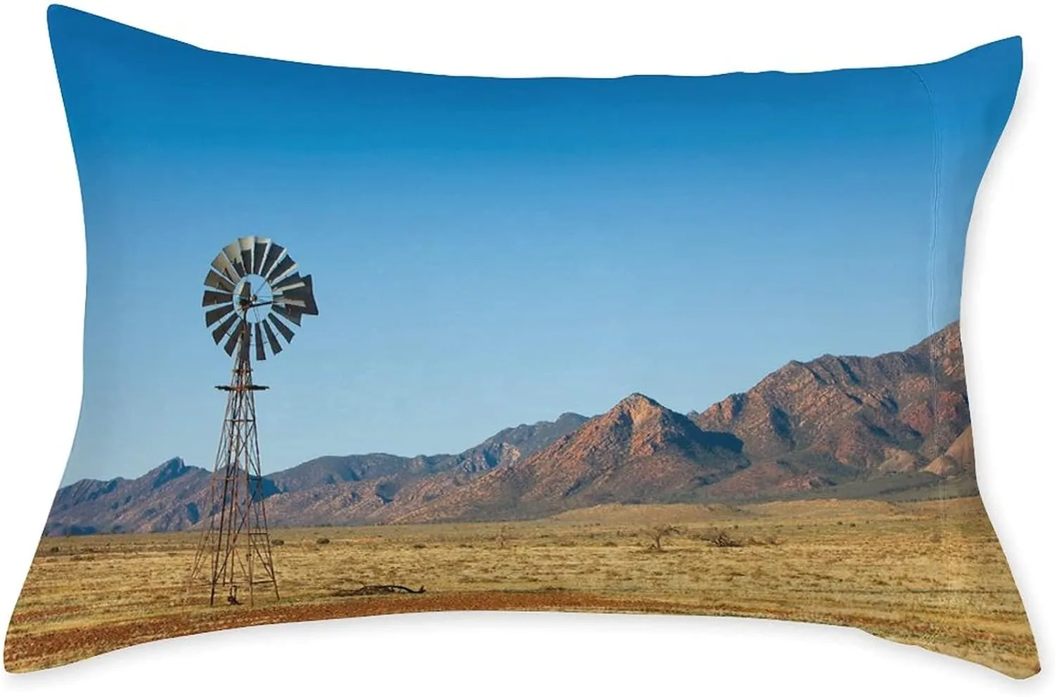 Decorative Fitted Sheet Set Full Size, Windmill Deep Pockets Fitted Sheet & 2 Pillow Sham Set, South Australia Mountains Barren Land Summer Printed Microfiber Bedding 3pc Set, for Women & Men Bedding