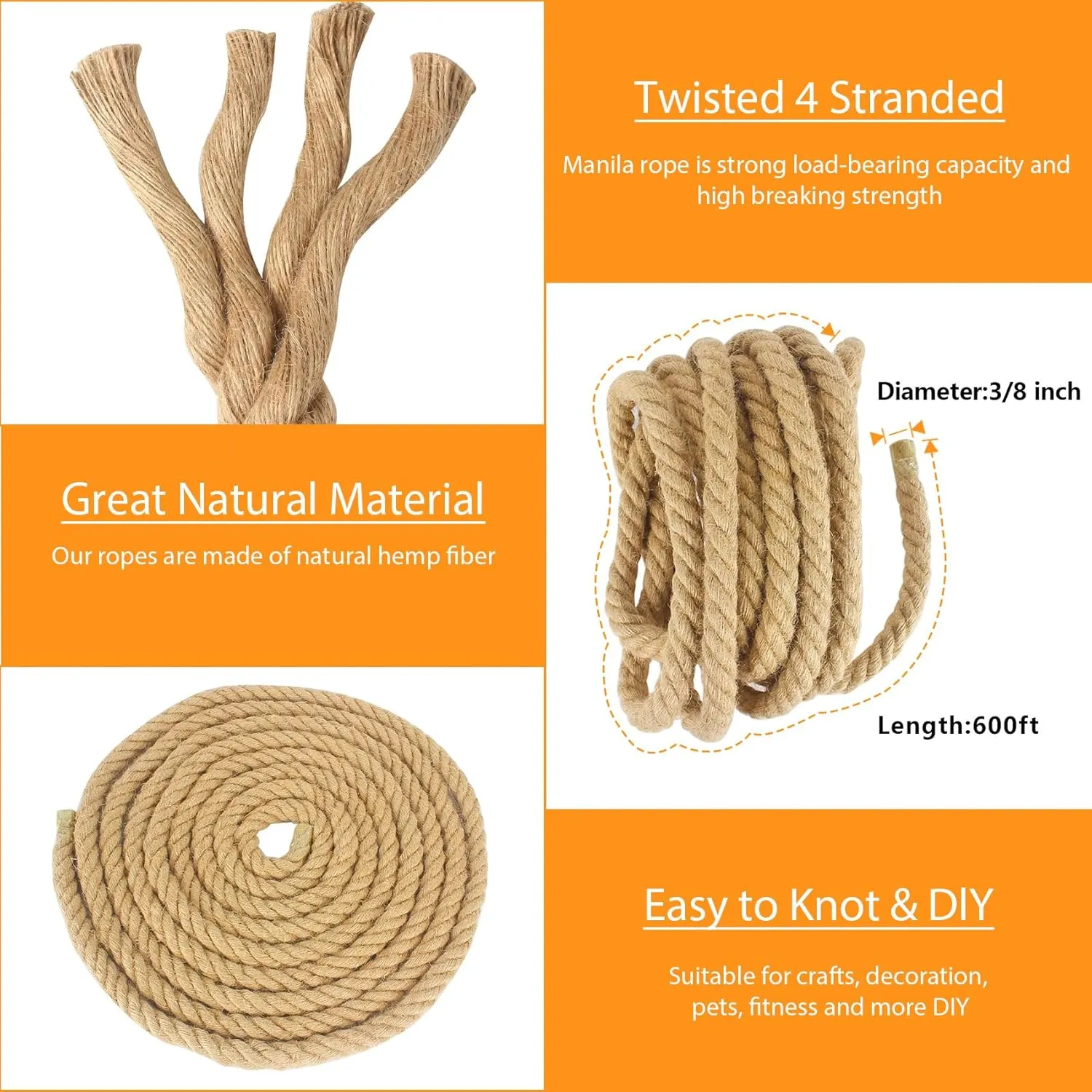 DEDU Hemp Rope 3/8 Inch X 600 FT, Natural Sisal Rope Twine, Twisted 4 Strand Manila Heavy Duty Multipurpose for Cat Scratcher, Docks, DIY Projects.