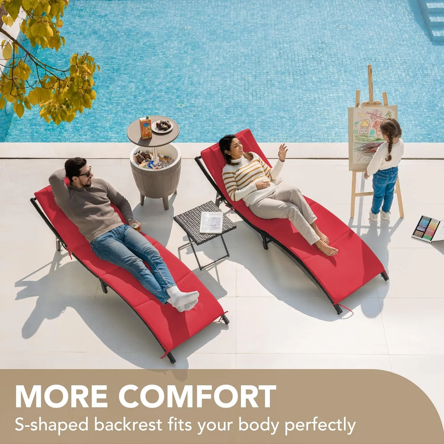 Devoko Patio Chaise Lounge Sets Outdoor Rattan Adjustable Back 3 Pieces Cushioned Patio Folding Chaise Lounge with Folding Table (Red)