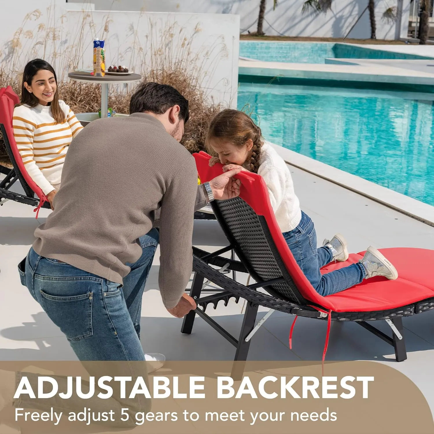 Devoko Patio Chaise Lounge Sets Outdoor Rattan Adjustable Back 3 Pieces Cushioned Patio Folding Chaise Lounge with Folding Table (Red)