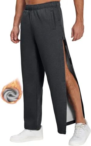 Deyeek Mens Fleece Tear Away Pants Loose Fit Post Knee Replacement Surgery Pants Breakaway Sweatpants Side Snap with Pockets