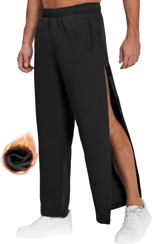 Deyeek Mens Fleece Tear Away Pants Loose Fit Post Knee Replacement Surgery Pants Breakaway Sweatpants Side Snap with Pockets