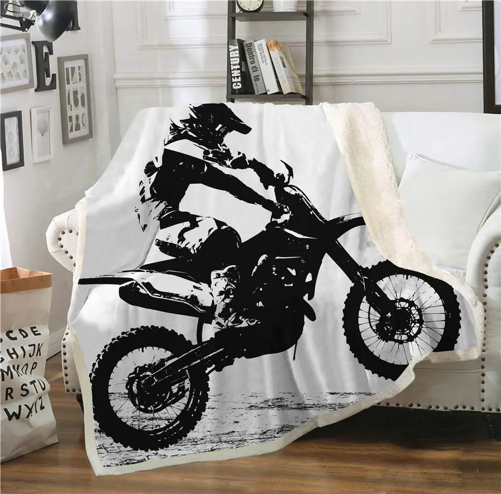 Dirt Bike Throw Blanket Motocross Racer Extreme Sports Printed Soft 3D Cool Plush Sherpa Kids Men Boys Girls Fleece Blankets 50"x 60"
