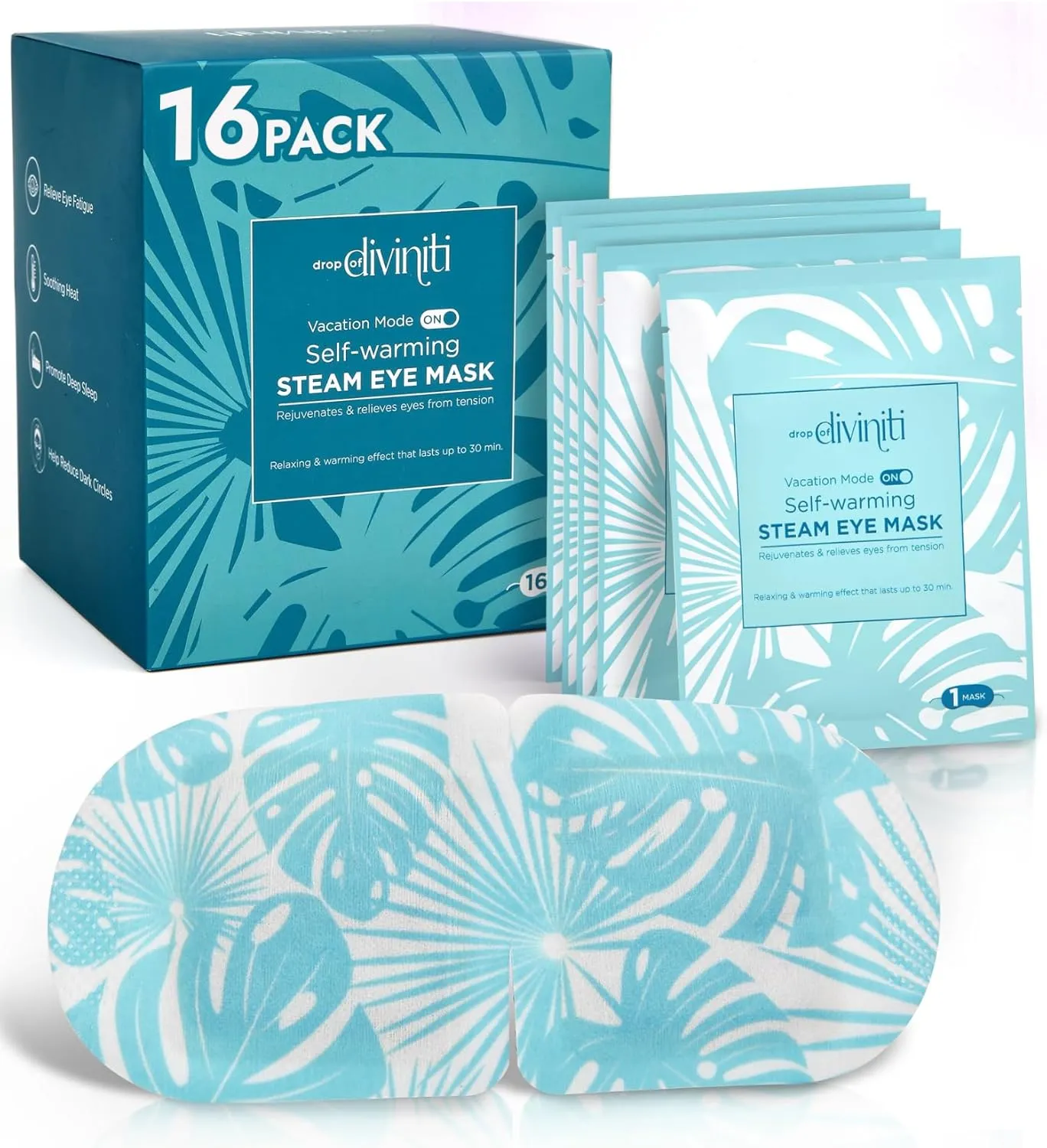 DiviniTi Self Warming Heated Eye Mask - 16 Pack, Up to 110F Degrees, Fast Soothing Relief for Puffy Eyes, Insomnia, Migraine & Stye Treatment