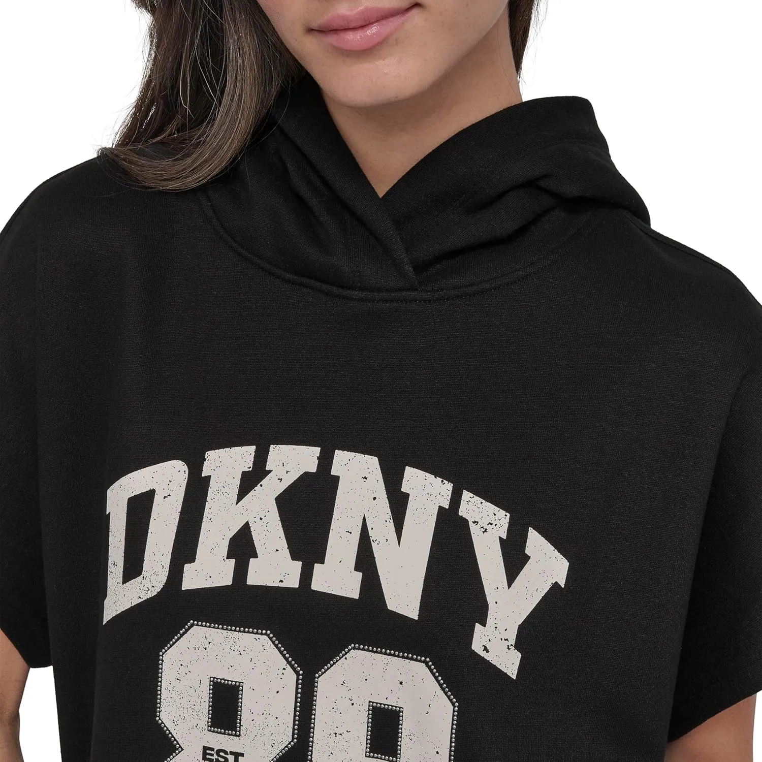 DKNY womens Rhinestone Jersey Logo Short Sleeve Hoodie Dress