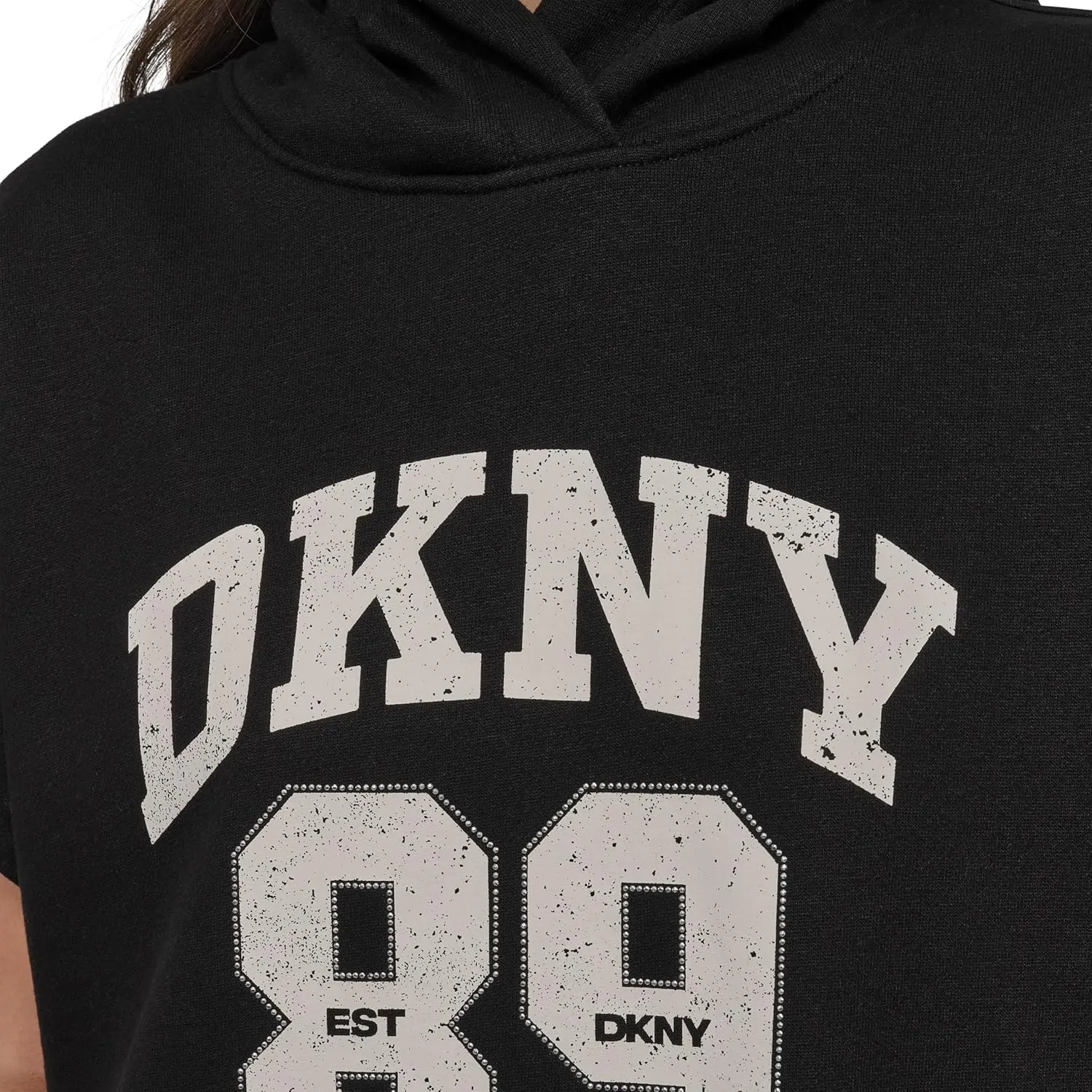 DKNY womens Rhinestone Jersey Logo Short Sleeve Hoodie Dress