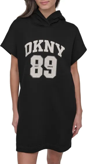 DKNY womens Rhinestone Jersey Logo Short Sleeve Hoodie Dress