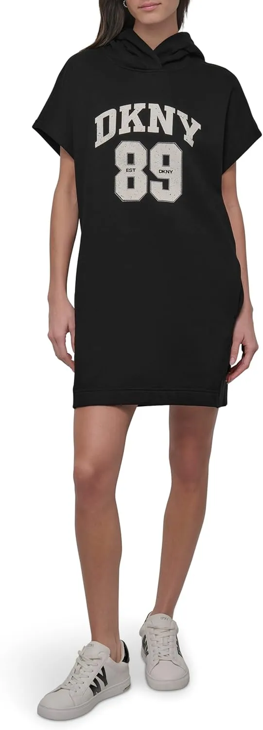 DKNY womens Rhinestone Jersey Logo Short Sleeve Hoodie Dress