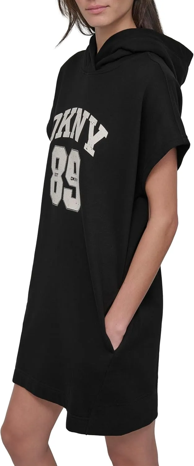 DKNY womens Rhinestone Jersey Logo Short Sleeve Hoodie Dress