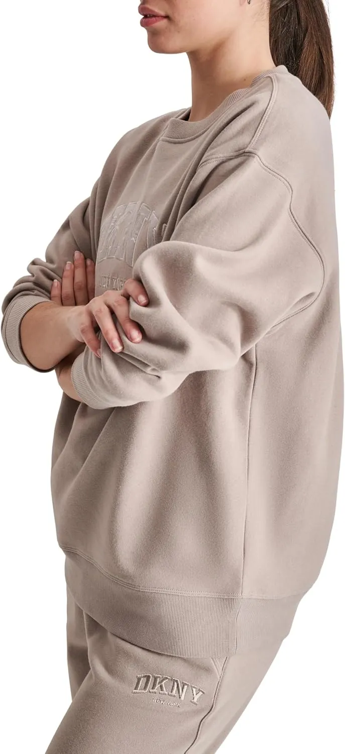 DKNY womens Satin Applique Varsity Logo Crewneck Fleece Sweatshirt