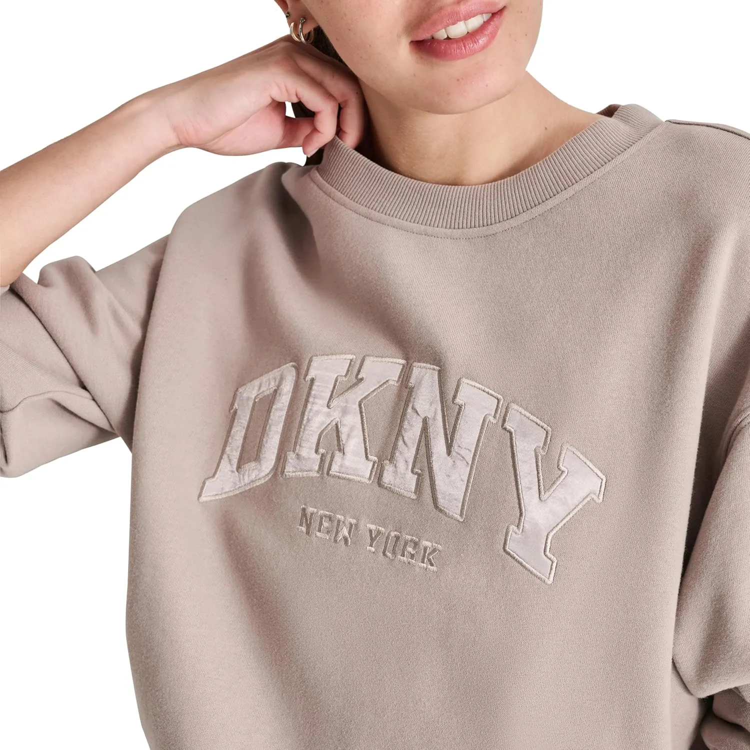 DKNY womens Satin Applique Varsity Logo Crewneck Fleece Sweatshirt