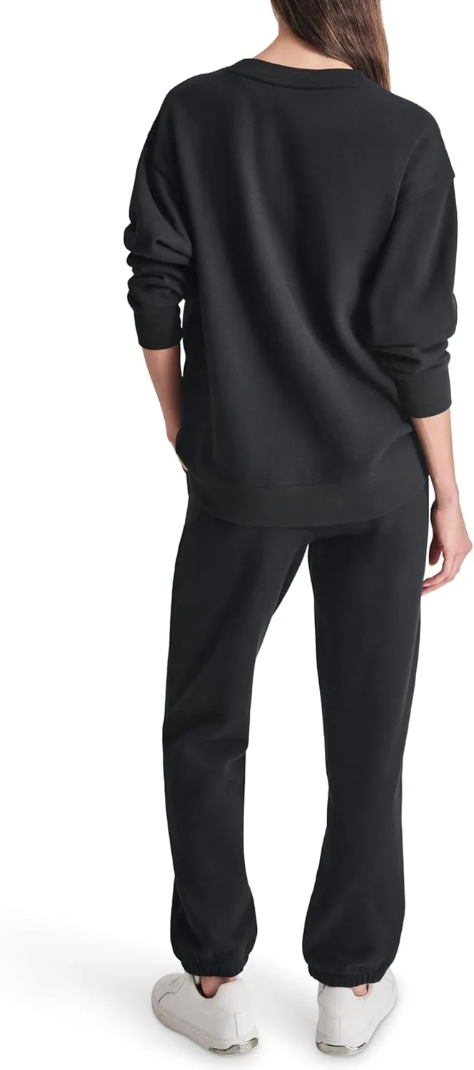DKNY womens Satin Applique Varsity Logo Crewneck Fleece Sweatshirt