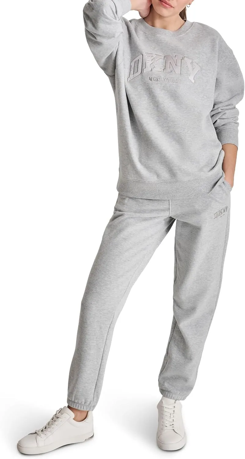 DKNY womens Satin Applique Varsity Logo Crewneck Fleece Sweatshirt