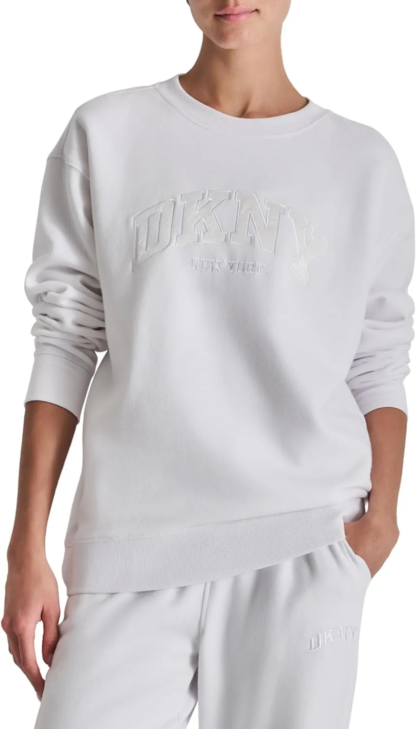 DKNY womens Satin Applique Varsity Logo Crewneck Fleece Sweatshirt