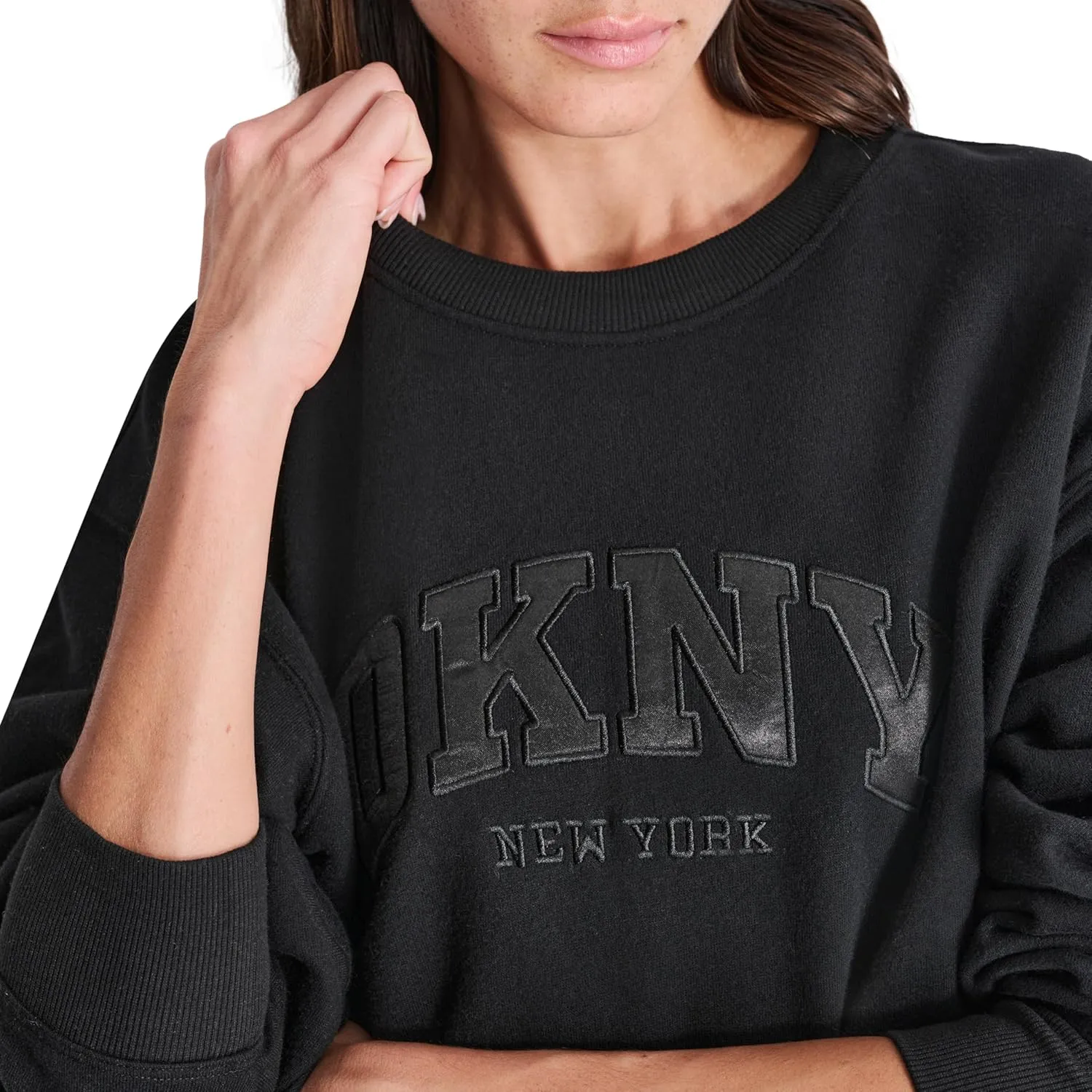 DKNY womens Satin Applique Varsity Logo Crewneck Fleece Sweatshirt