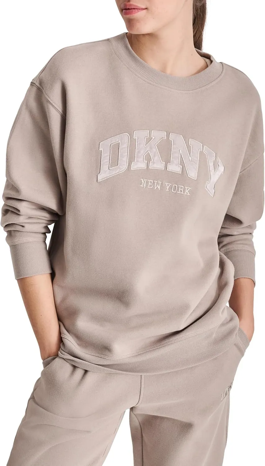 DKNY womens Satin Applique Varsity Logo Crewneck Fleece Sweatshirt