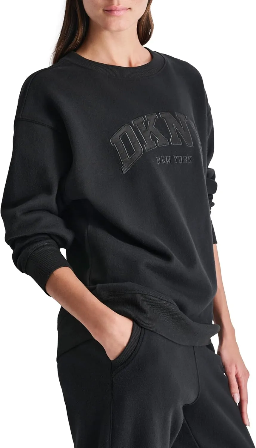 DKNY womens Satin Applique Varsity Logo Crewneck Fleece Sweatshirt