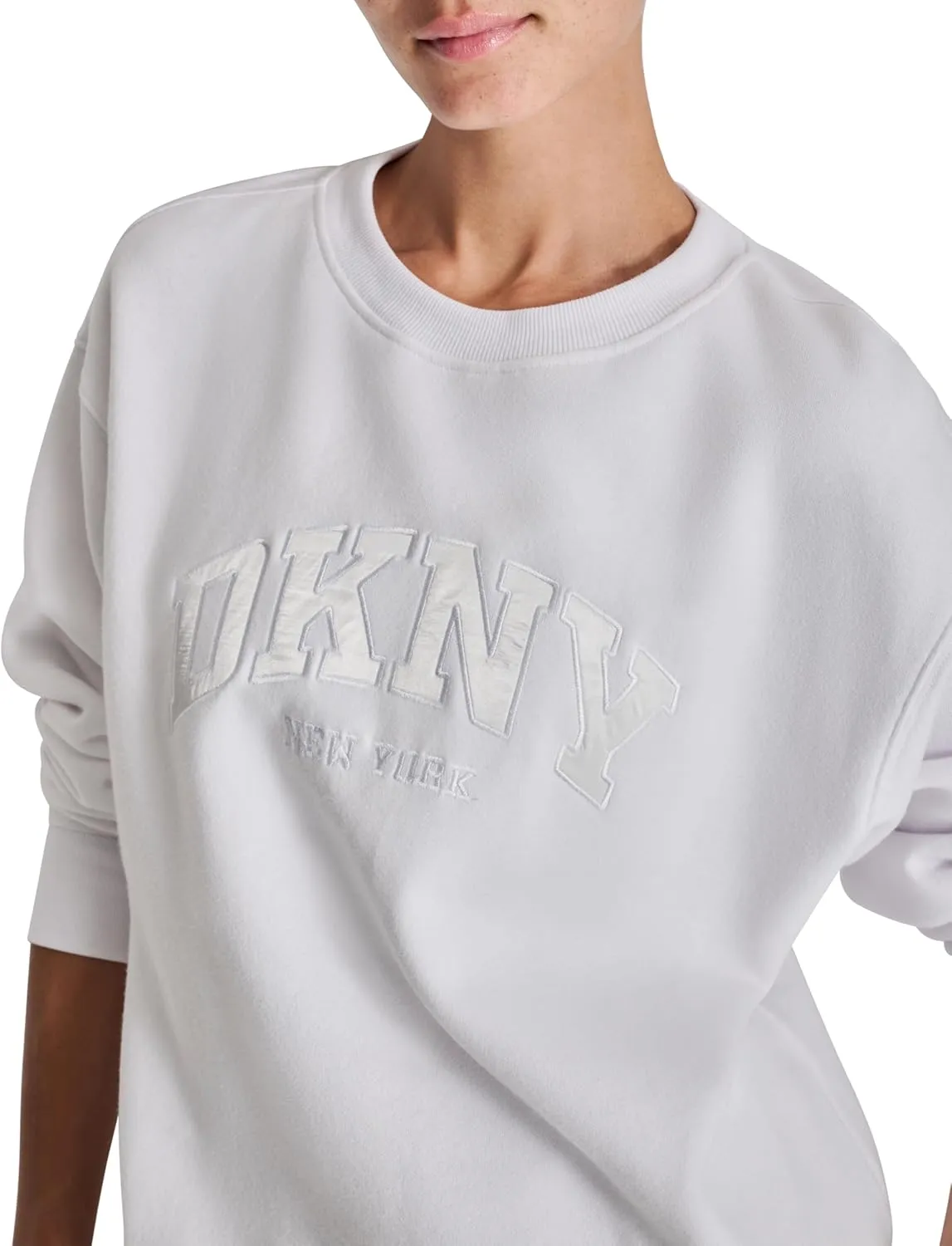 DKNY womens Satin Applique Varsity Logo Crewneck Fleece Sweatshirt