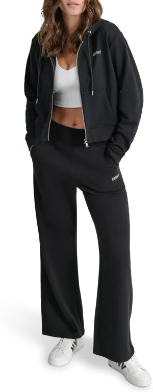 DKNY womens Studded Logo Full Zip Cropped Fleece Hoodi