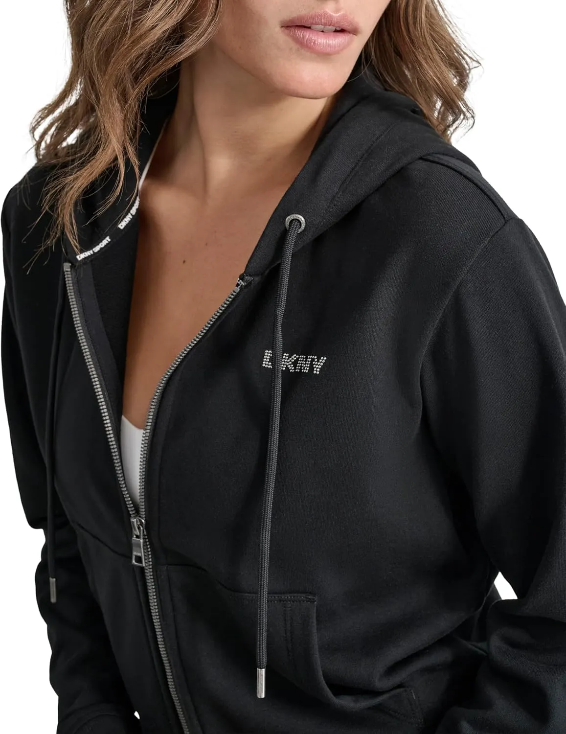 DKNY womens Studded Logo Full Zip Cropped Fleece Hoodi