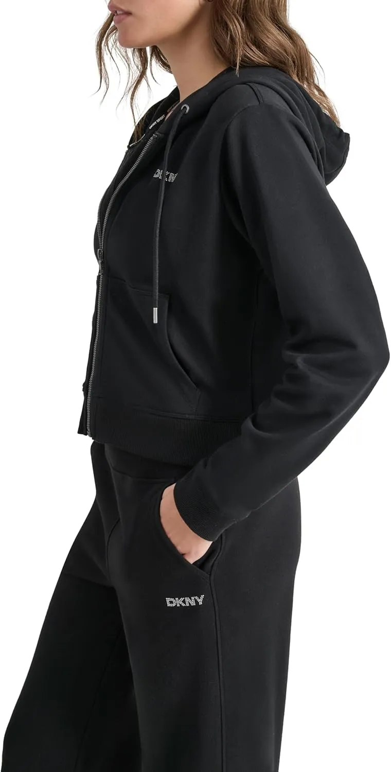 DKNY womens Studded Logo Full Zip Cropped Fleece Hoodi