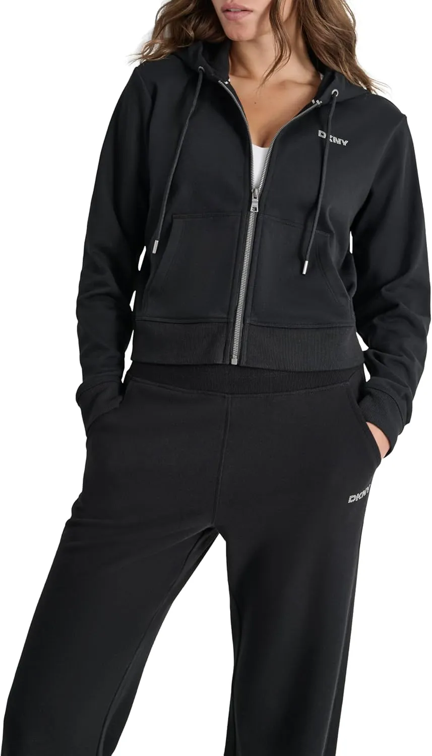 DKNY womens Studded Logo Full Zip Cropped Fleece Hoodi