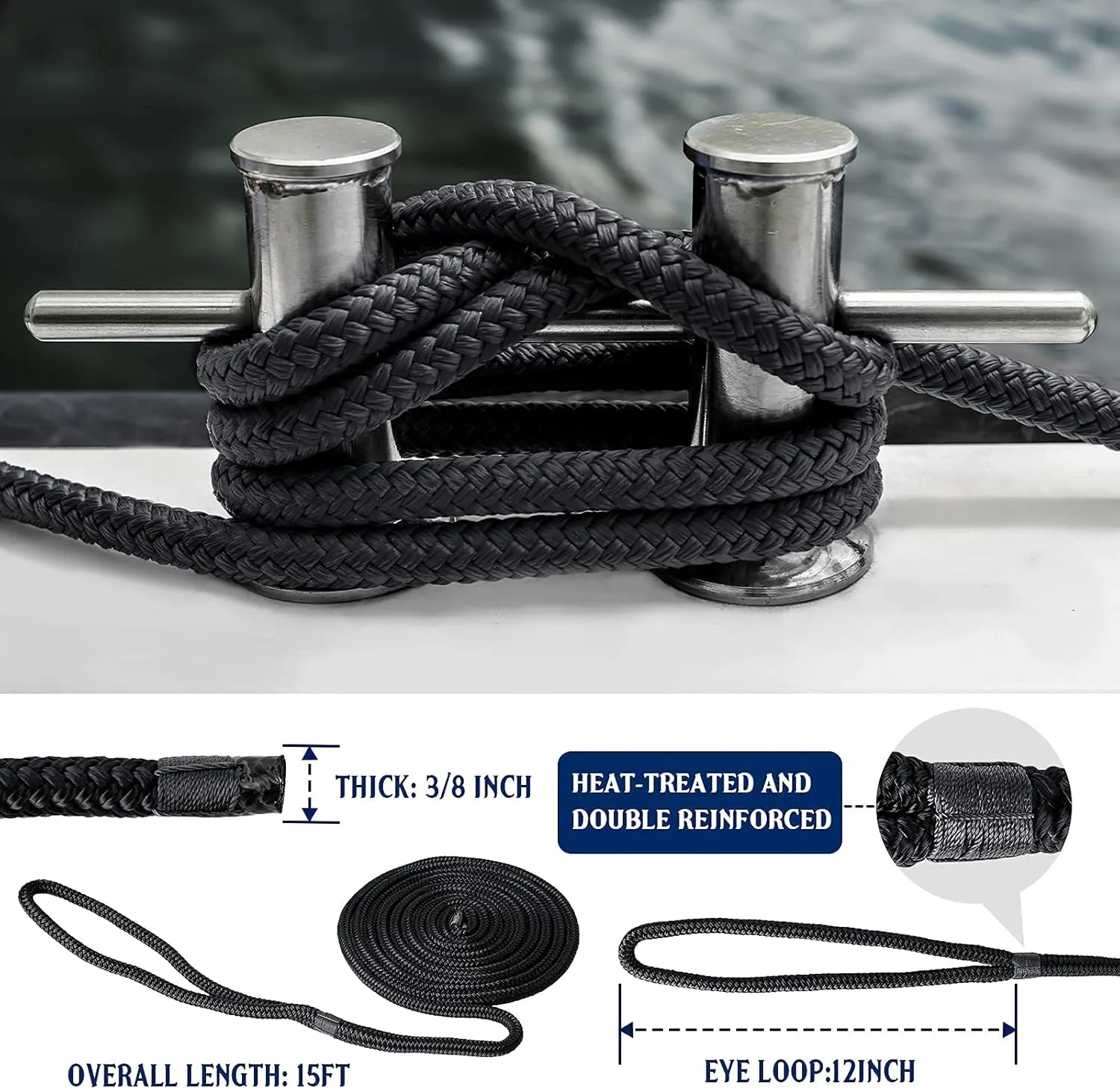 Dock Lines & Ropes Boat Accessories - 3/8" x 15' Double Braided Nylon Dock Lines with 12” Loop, Excellent 5800 lbs Breaking Strength Marine Rope for Kayak Pontoon Boats up to 30ft, Boating Gifts