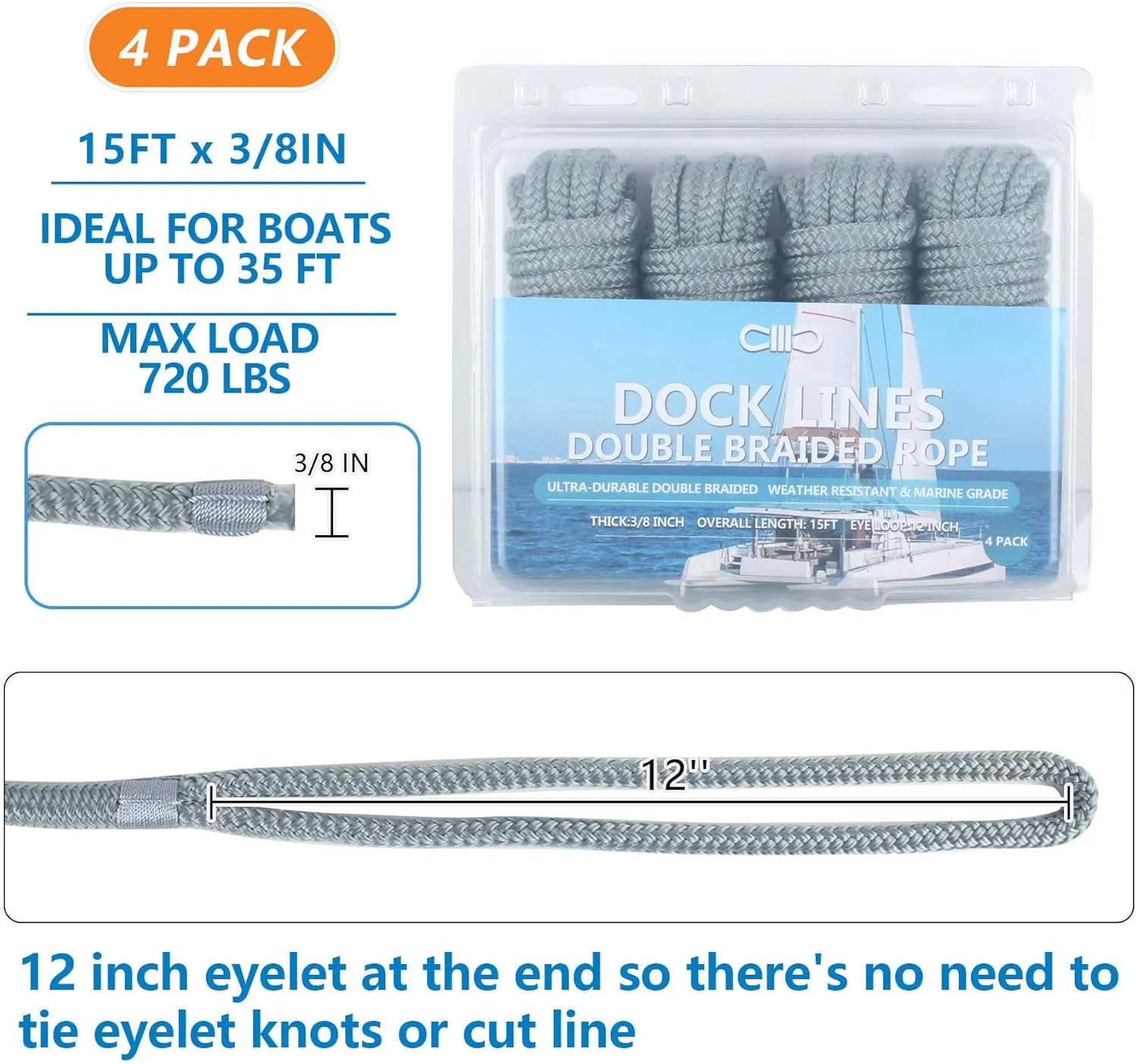 Dock Lines Boat Lines for Docking with Loop Double Braided Marine Mooring Ropes Boat Ropes for Docking with Eyelet Premium Dock Lines for Boats - 2 Pack,4 Pack