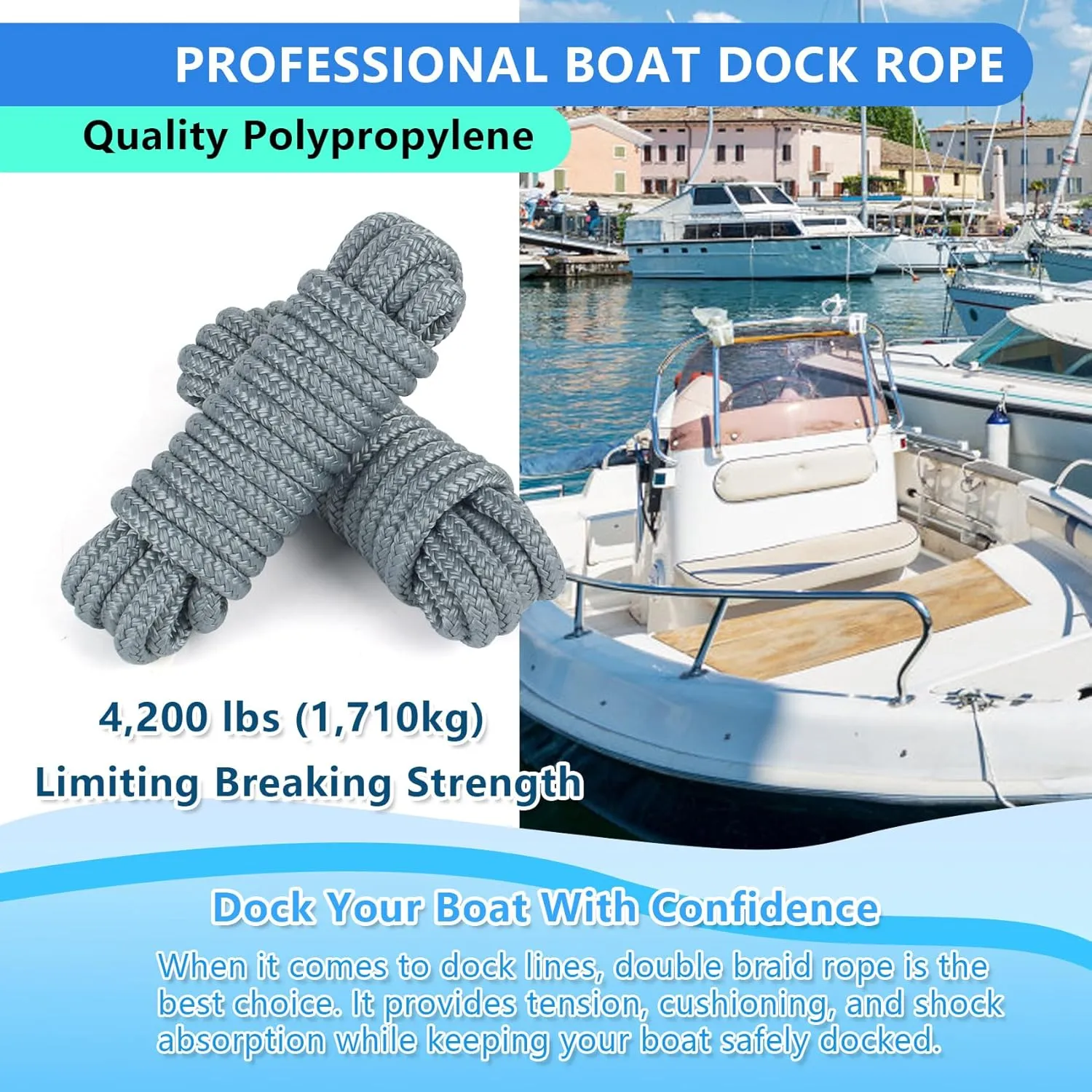 Dock Lines Boat Lines for Docking with Loop Double Braided Marine Mooring Ropes Boat Ropes for Docking with Eyelet Premium Dock Lines for Boats - 2 Pack,4 Pack
