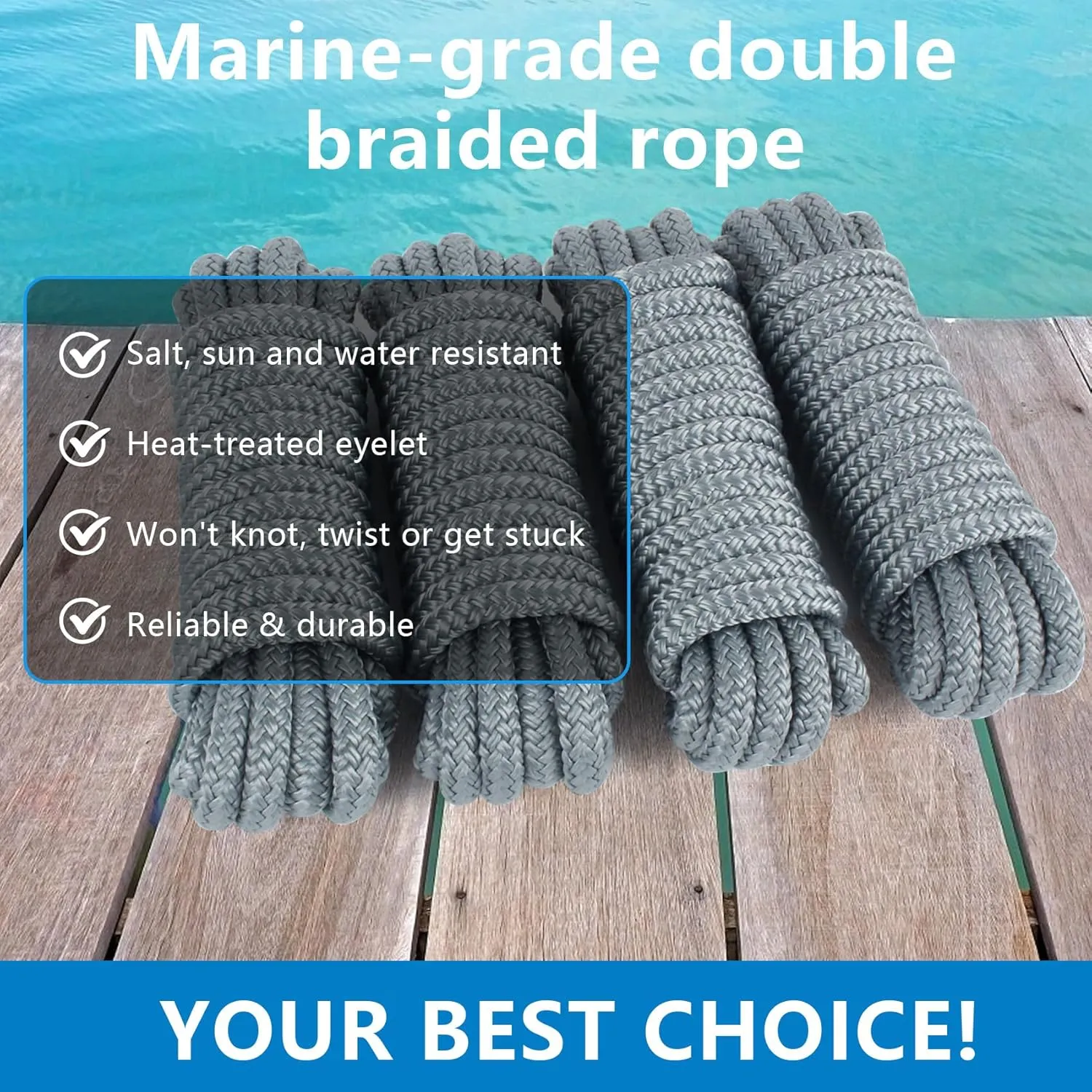 Dock Lines Boat Lines for Docking with Loop Double Braided Marine Mooring Ropes Boat Ropes for Docking with Eyelet Premium Dock Lines for Boats - 2 Pack,4 Pack