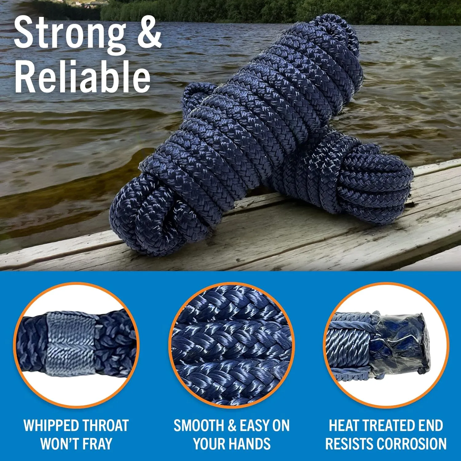 Dock Lines Boat Ropes for Docking, 3/8" Double Braided Mooring Marine Rope, 15ft Nylon Rope with Loop, Navy Blue, 2 Pack