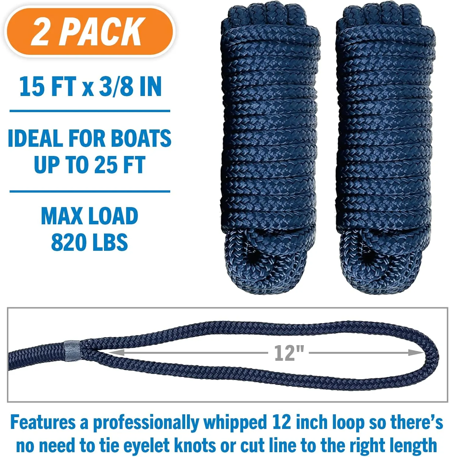 Dock Lines Boat Ropes for Docking, 3/8" Double Braided Mooring Marine Rope, 15ft Nylon Rope with Loop, Navy Blue, 2 Pack