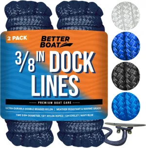 Dock Lines Boat Ropes for Docking, 3/8" Double Braided Mooring Marine Rope, 15ft Nylon Rope with Loop, Navy Blue, 2 Pack