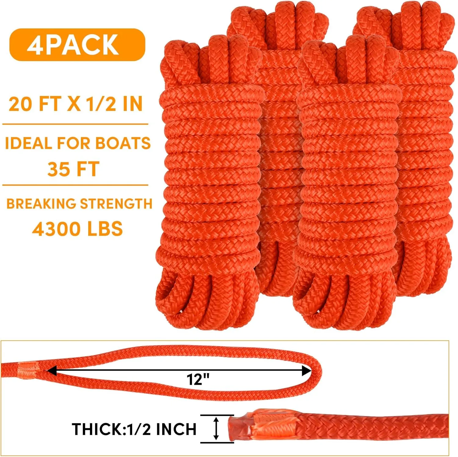 Dock Lines Boat Ropes for Docking Double Braided Mooring Marine Rope Boat Lines for Docking, Dock Lines for Boats with Loop, Boating Rope Boat Lines（2 Pack,4 Pack