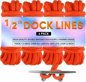 Dock Lines Boat Ropes for Docking Double Braided Mooring Marine Rope Boat Lines for Docking, Dock Lines for Boats with Loop, Boating Rope Boat Lines（2 Pack,4 Pack