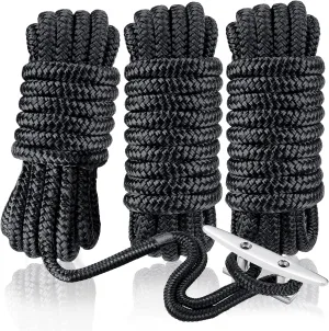 Dock Lines for Docking with Loop- 3/8" × 15' Excellent 5800 lbs Breaking Strength 24 Strands of Premium Nylon Double-Braided Mooring Lines with 12" Eyelet Boat Lines & Ropes (3/8" x15' 3Pack)