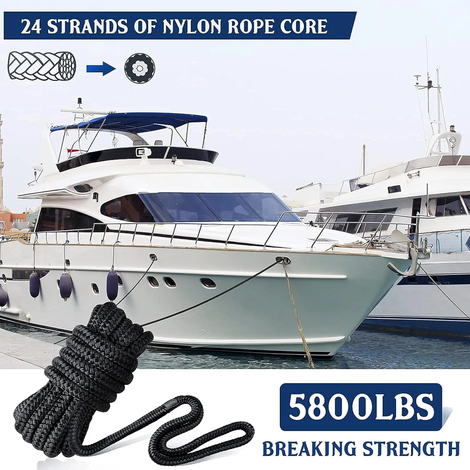 Dock Lines for Docking with Loop- 3/8" × 15' Excellent 5800 lbs Breaking Strength 24 Strands of Premium Nylon Double-Braided Mooring Lines with 12" Eyelet Boat Lines & Ropes (3/8" x15' 3Pack)
