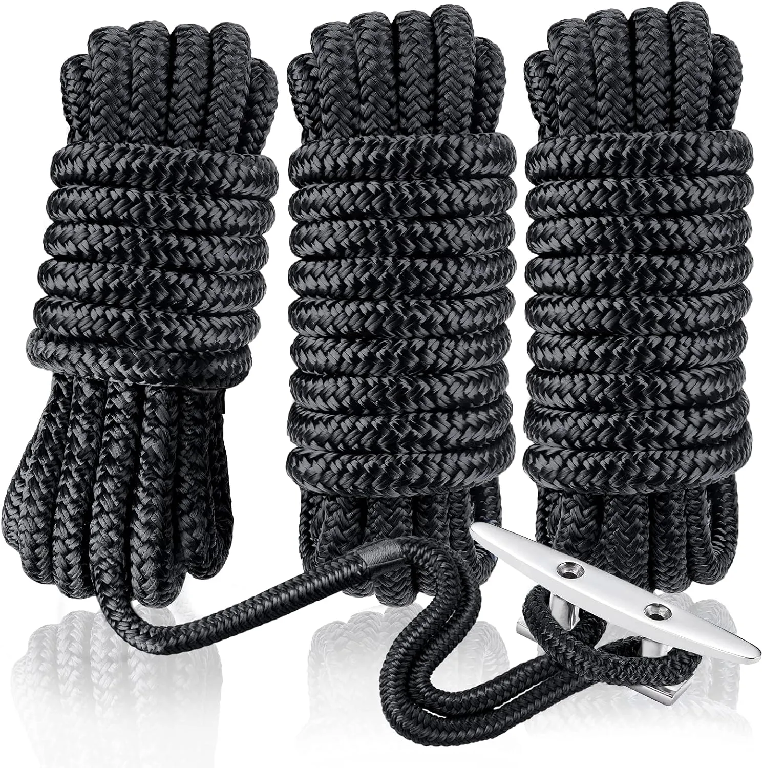 Dock Lines for Docking with Loop- 3/8" × 15' Excellent 5800 lbs Breaking Strength 24 Strands of Premium Nylon Double-Braided Mooring Lines with 12" Eyelet Boat Lines & Ropes (3/8" x15' 3Pack)
