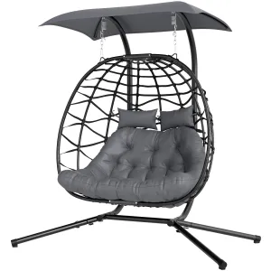 Double Wicker Egg Swing Chair with Canopy, Foldable Hanging Egg Chair with Stand Cushion Headrest, Black