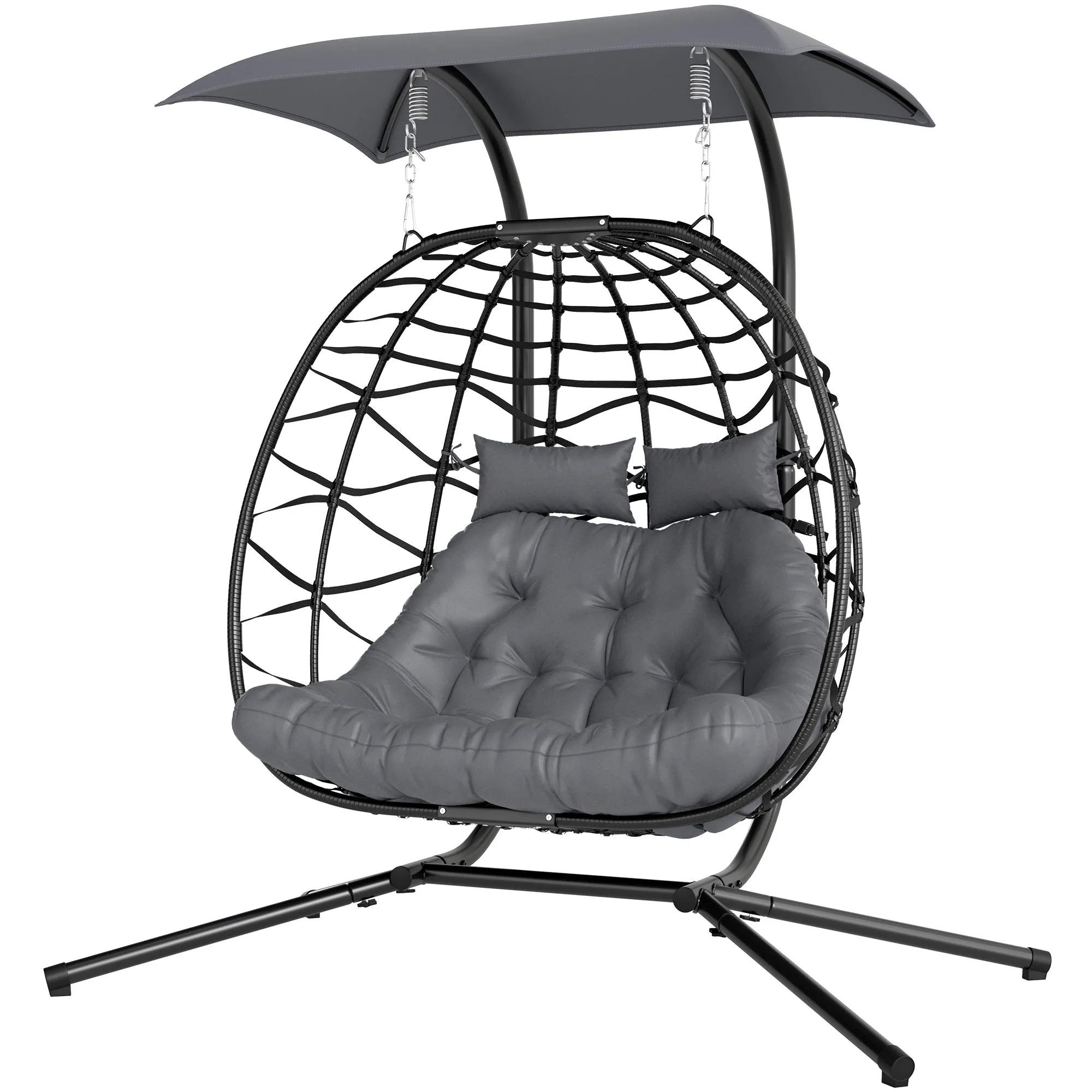 Double Wicker Egg Swing Chair with Canopy, Foldable Hanging Egg Chair with Stand Cushion Headrest, Black