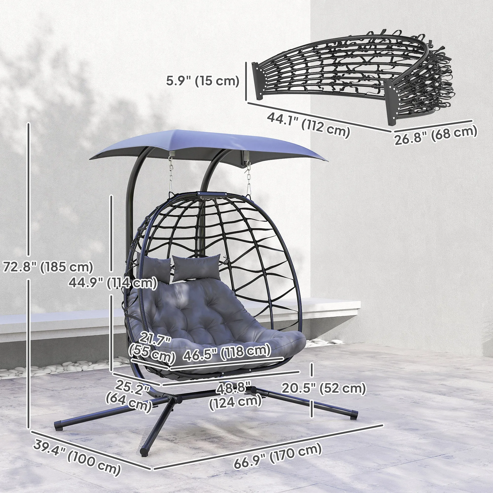 Double Wicker Egg Swing Chair with Canopy, Foldable Hanging Egg Chair with Stand Cushion Headrest, Black