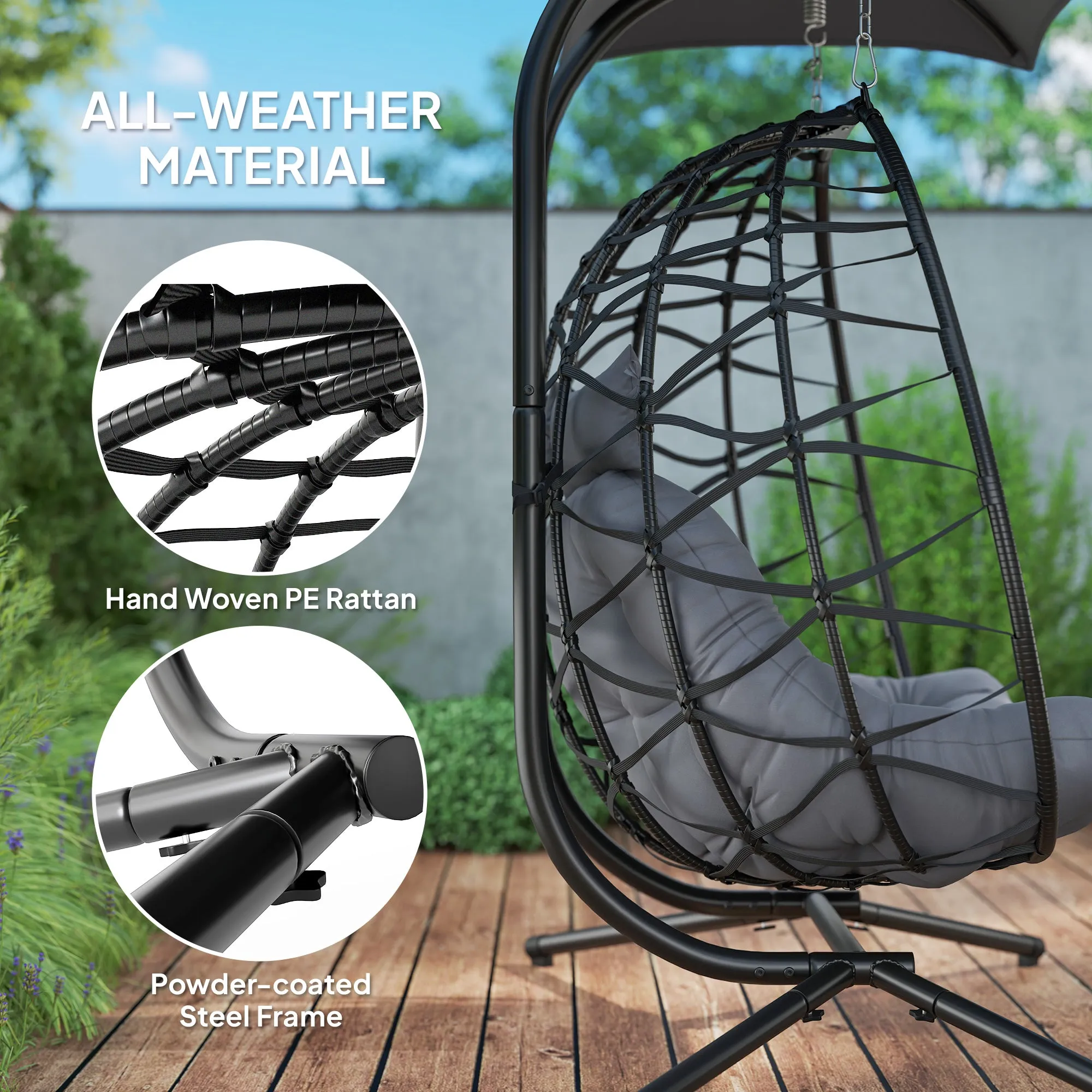 Double Wicker Egg Swing Chair with Canopy, Foldable Hanging Egg Chair with Stand Cushion Headrest, Black