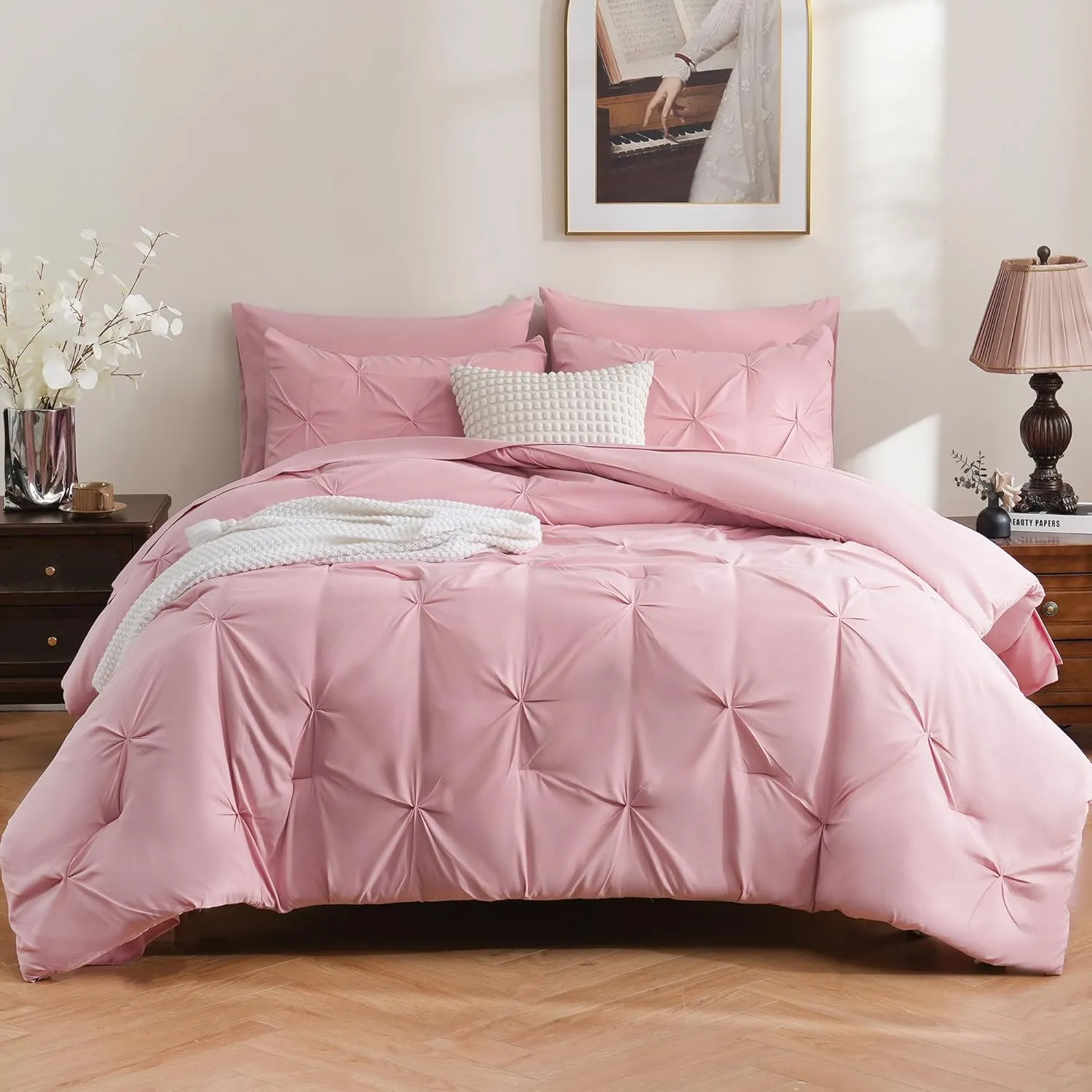 DOWNCOOL 7 Pieces Pink Queen Comforter Set, Pintuck Bed in A Bag Queen, Pinch Pleat Bed Set, All Season Bedding Sets with Comforter, Flat Sheet, Fitted Sheet, Pillowcases & Shams